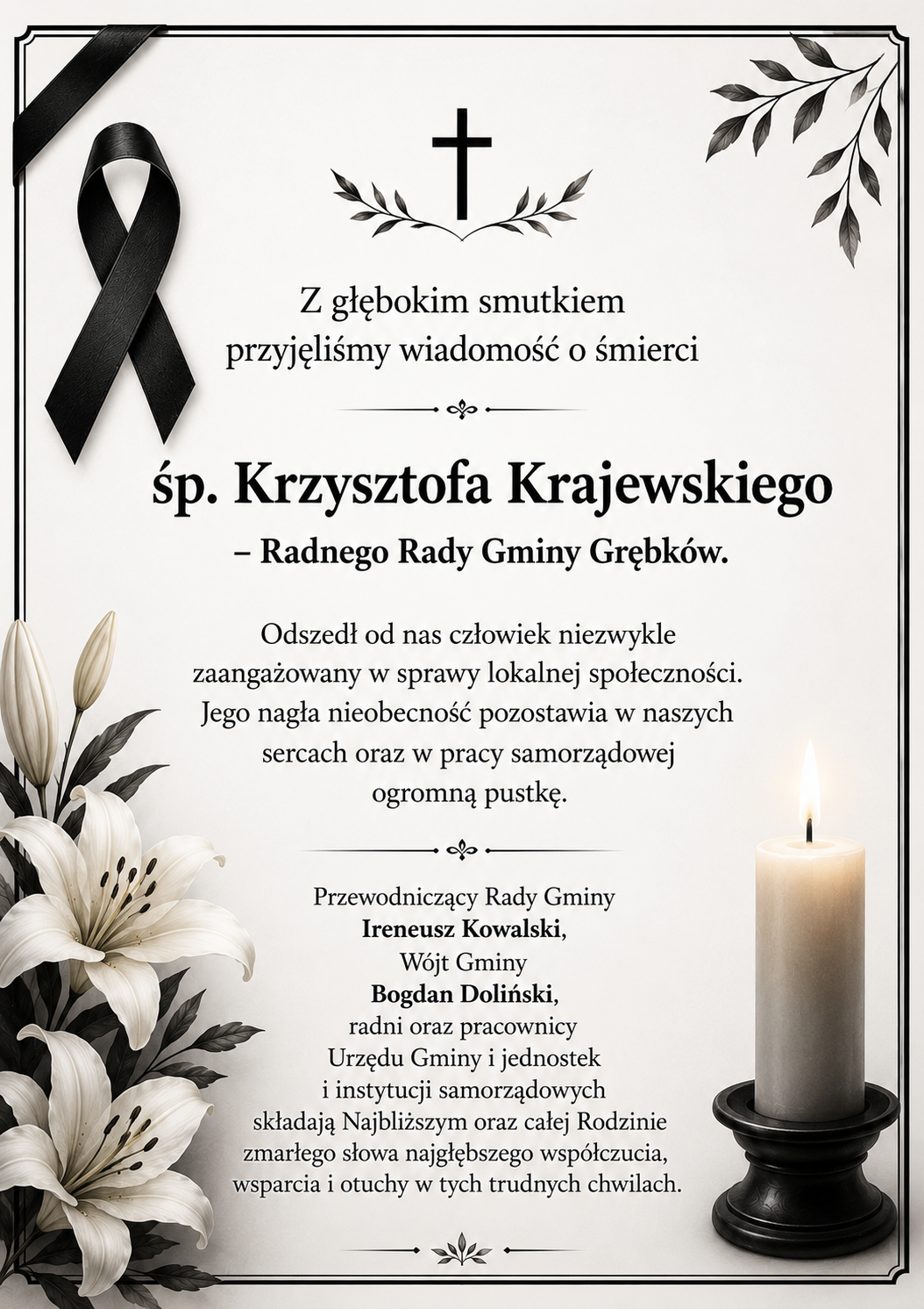 Read more about the article Z głębokim żalem zawiadamiamy o śmierci Radnego Gminy Grębków Krzysztofa Krajewskiego