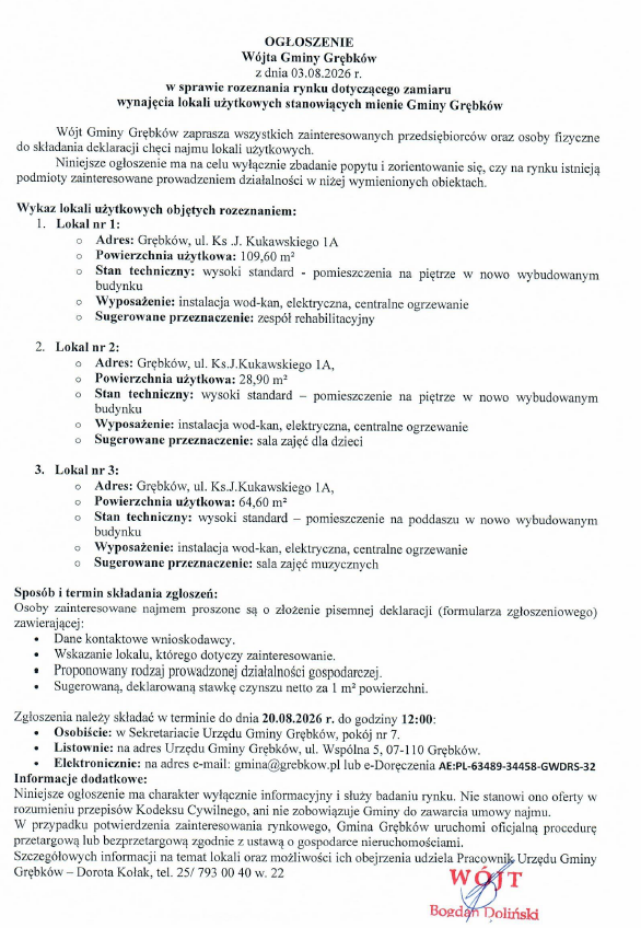 Read more about the article Ogłoszenie Wójta Gminy Grębków. W sprawie rozeznania rynku dotyczącego zamiaru wynajęcia lokali używkowych stanowiących mienie Gminy Grębków