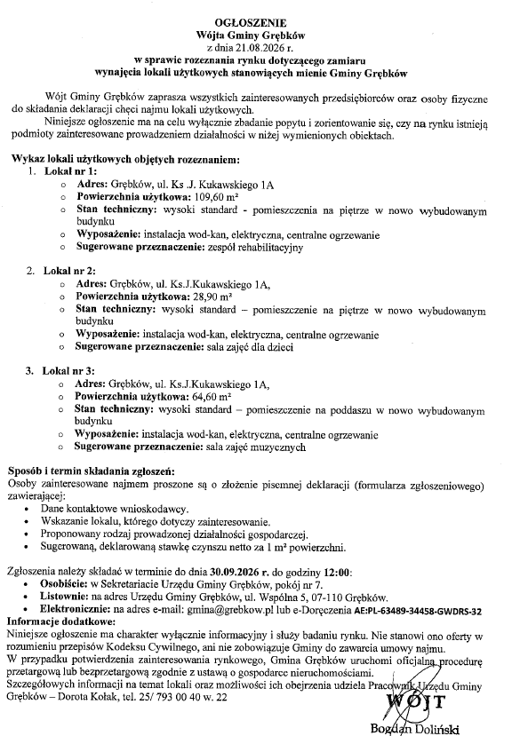 Read more about the article Ogłoszenie Wójta Gminy Grębków. W sprawie rozeznania rynku dotyczącego zamiaru wynajęcia lokali użytkowych stanowiących mienie Gminy Grębków